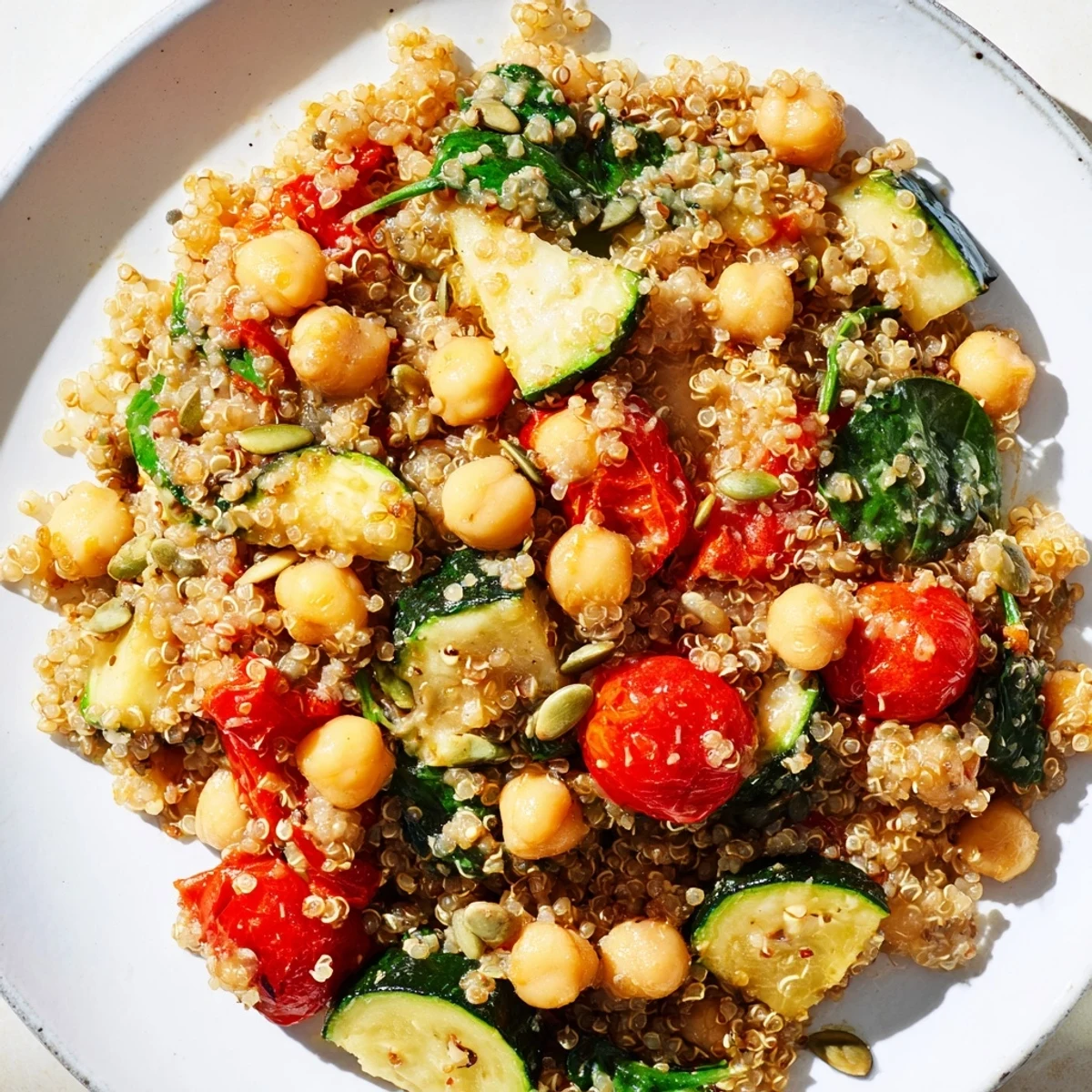 A colorful quinoa power protein salad with roasted vegetables, looking incredibly fresh and inviting.