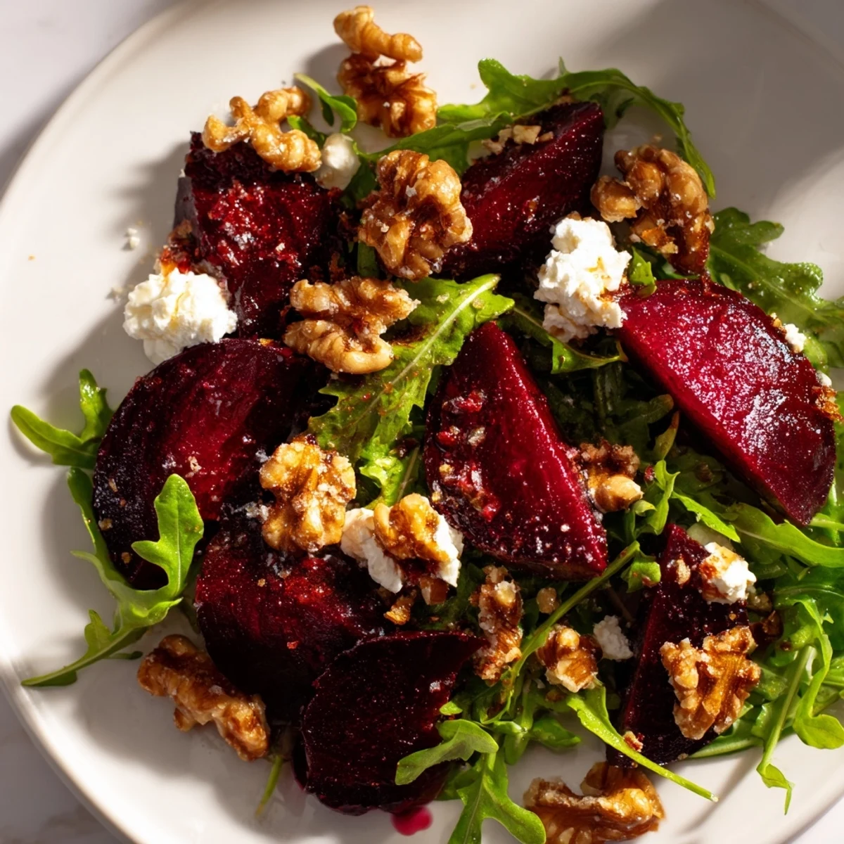 Vibrant Roasted Beet Walnut Salad, perfect for a light lunch, with colorful beets and creamy goat cheese.