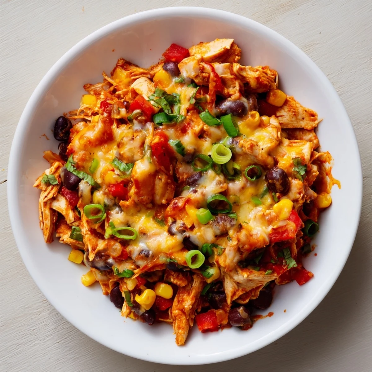 This sizzling Chicken Enchilada Skillet features a vibrant, colorful mix of chicken and vegetables under melted cheese.
