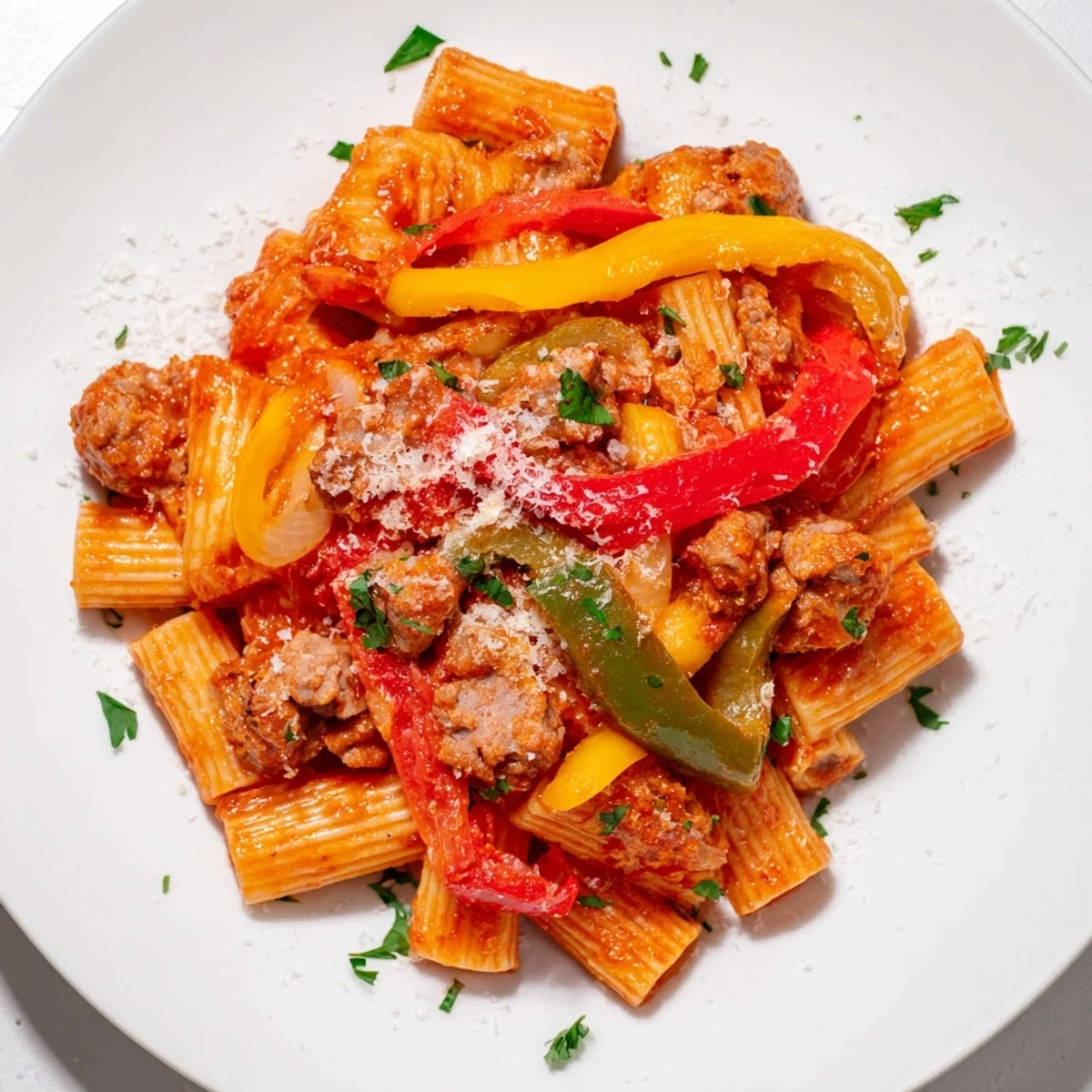 Enjoy the rich, aromatic flavors of delicious Sausage and Peppers Pasta, perfect for dinner.