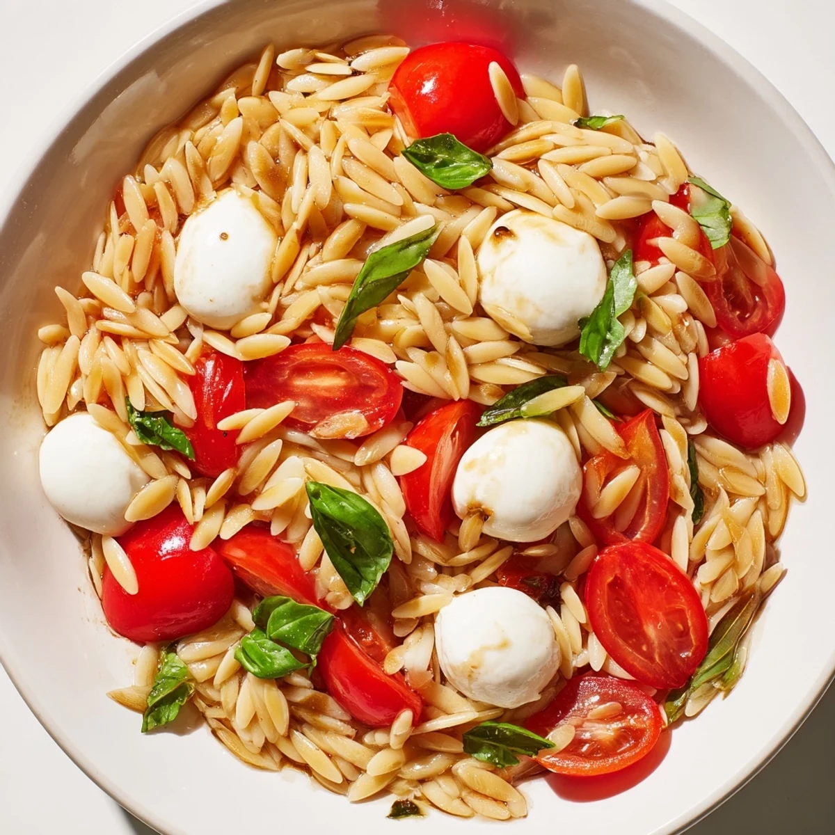 This appealing Caprese Orzo Salad shows off creamy mozzarella and basil in a light summer meal.