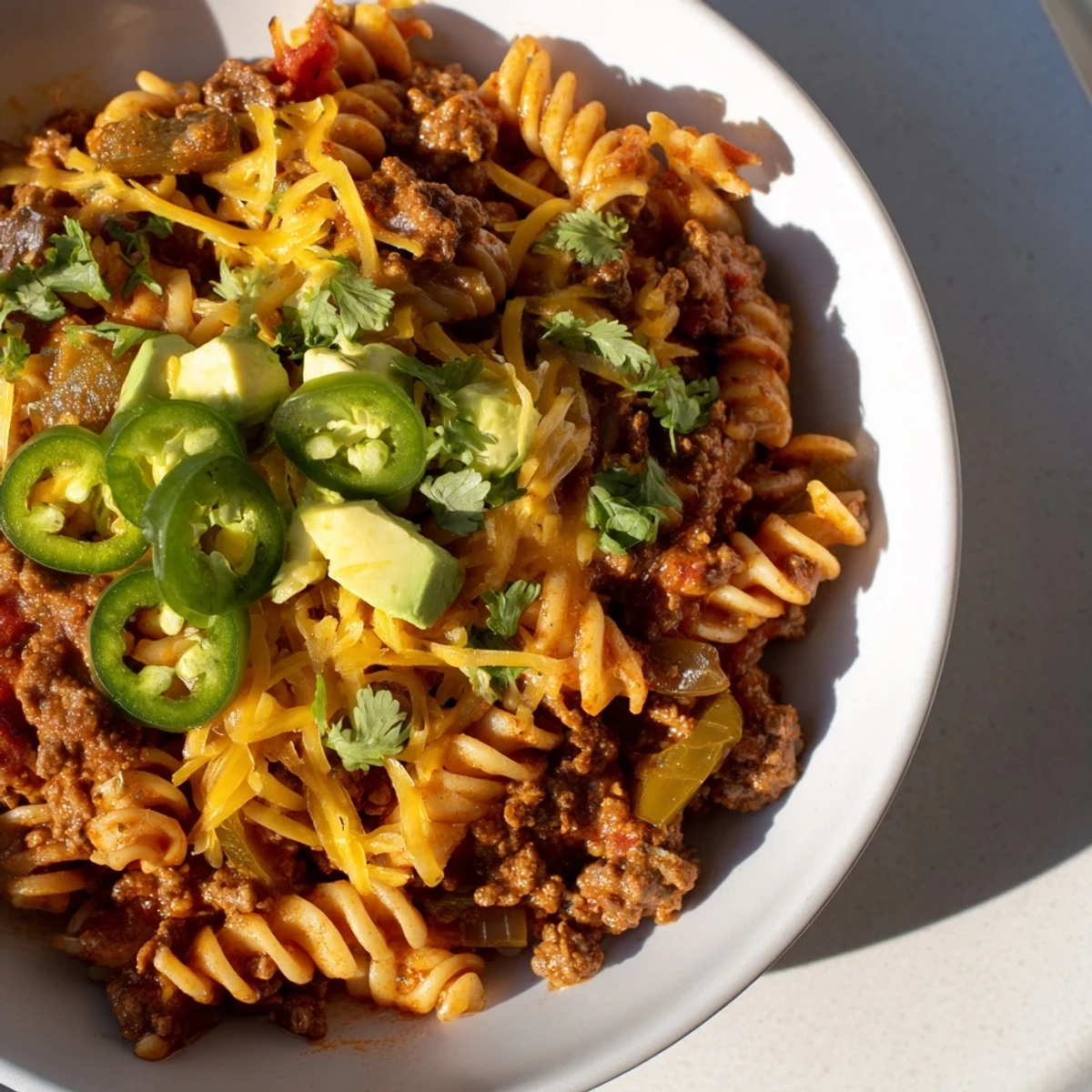 Beef taco pasta skillet bubbling hot with melted cheese, a comforting Tex-Mex dinner.