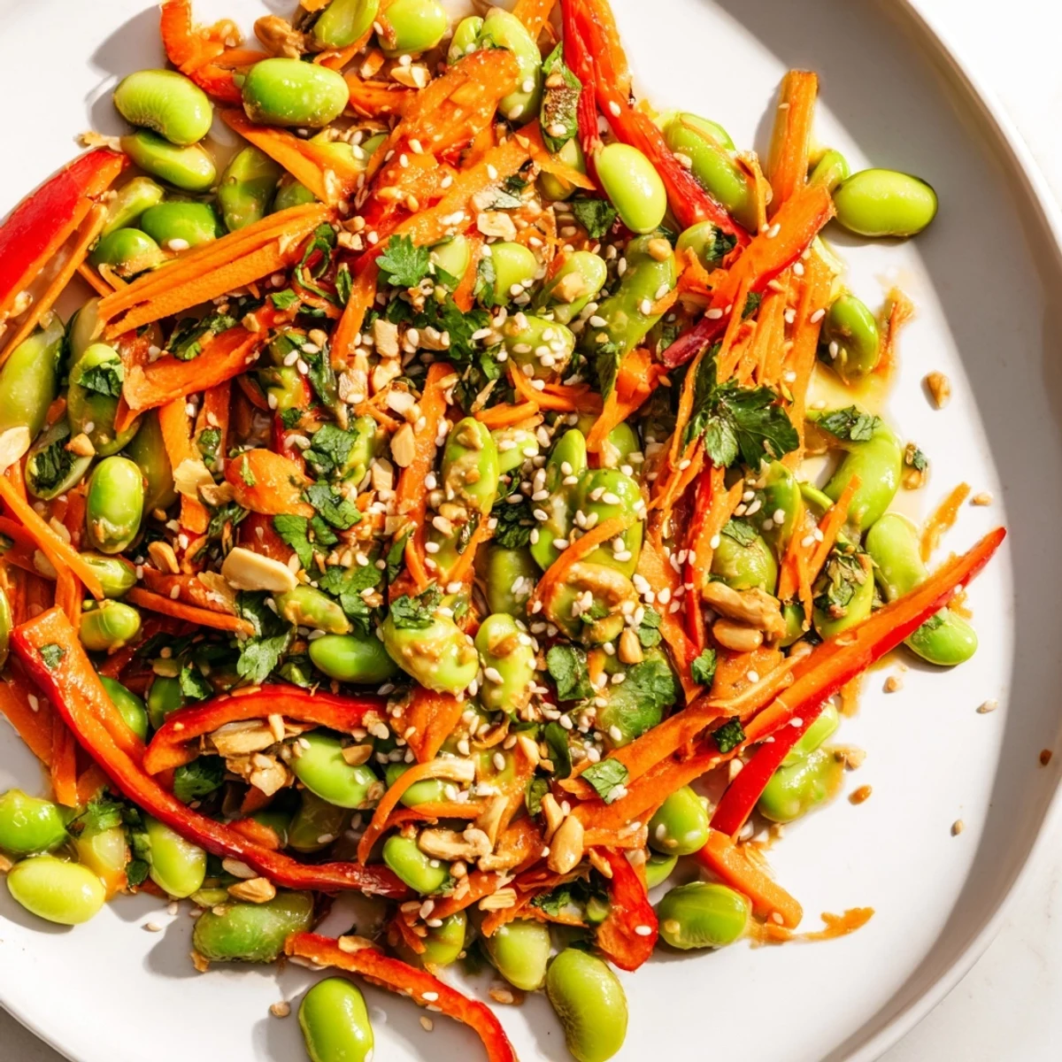 Vibrant Asian Edamame Salad with bright green edamame and a flavorful ginger sesame dressing, ready to eat.