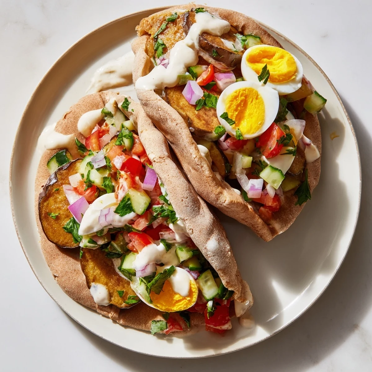 Golden fried eggplant and vibrant Israeli salad nestled within a warm pita for the Sabich.