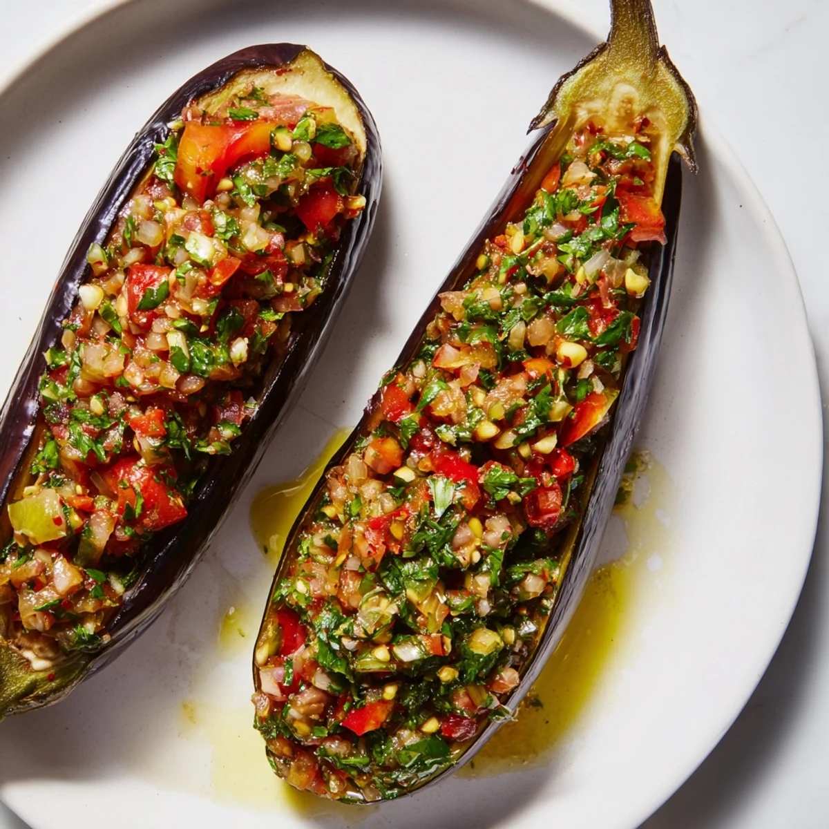 Golden-brown Imam Bayildi, the Turkish eggplant dish, filled with a savory tomato and onion mixture.