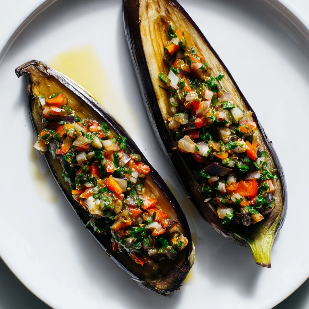 Steaming hot Imam Bayildi with tender eggplant halves, perfect for a flavorful vegetarian dinner on a plate.