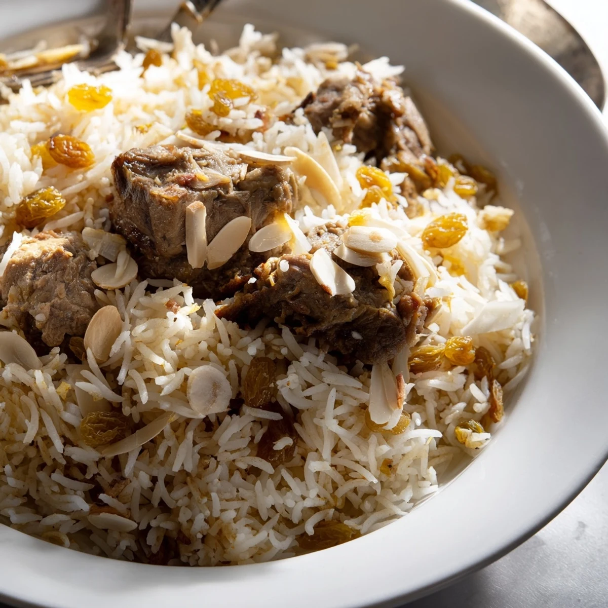 Golden, fluffy Saudi Kabsa rice topped with toasted almonds and tender meat, ready to serve.