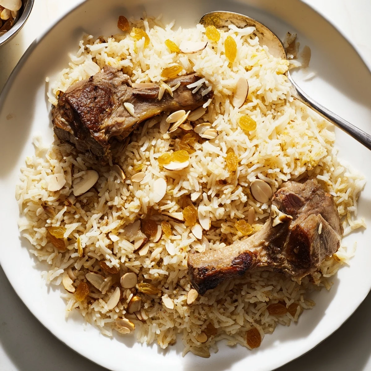 Aromatic steam rising from a flavorful Saudi Kabsa rice dish, loaded with spices and raisins.
