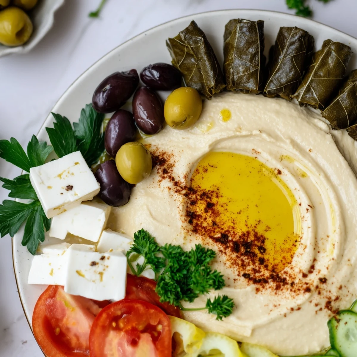 A generous Turkish Meze Platter with hummus, dolmas, and feta, ready for sharing and enjoyment.