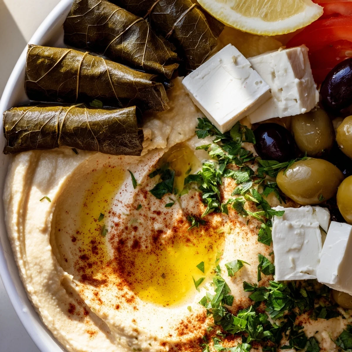Vibrant arrangement of a Turkish Meze Platter, showcasing colorful olives, cheeses, and fresh cucumber slices.