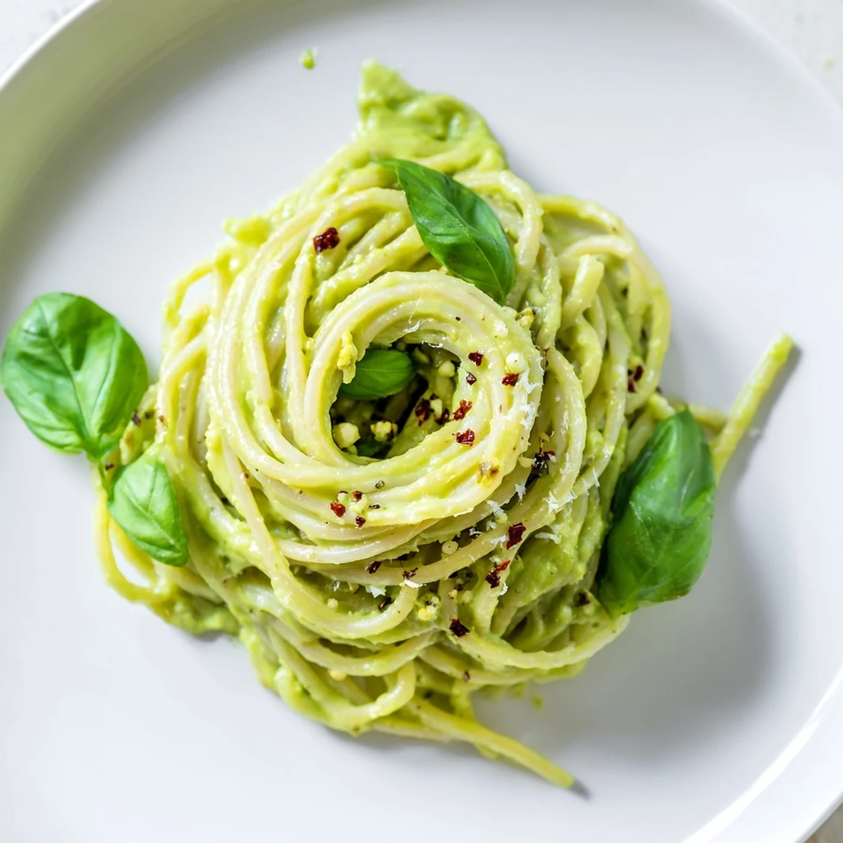 A plate of creamy Smashed Avocado Pasta garnished with fresh lime wedges and chili flakes, showcasing a vibrant green sauce clinging to al dente spaghetti.