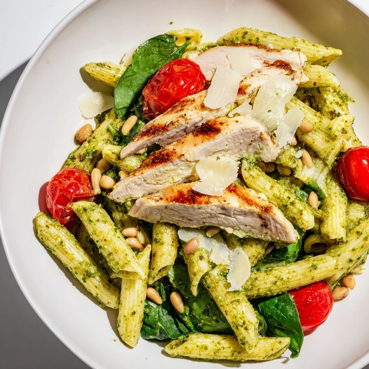 Fork-tender grilled chicken slices over glossy penne pasta coated in vibrant green basil pesto, speckled with halved cherry tomatoes and wilted spinach.  