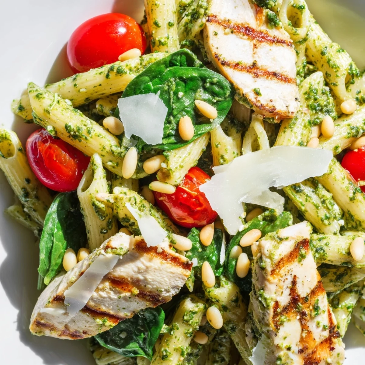 Savory Pesto Chicken Pasta served hot, garnished with fresh basil leaves and a generous dusting of Parmesan for a perfect weeknight Italian meal.  
