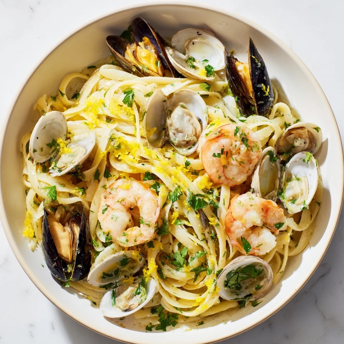 Tender shrimp, clams, and mussels glisten in a fragrant white wine garlic sauce over linguine, garnished with fresh parsley and lemon wedges.