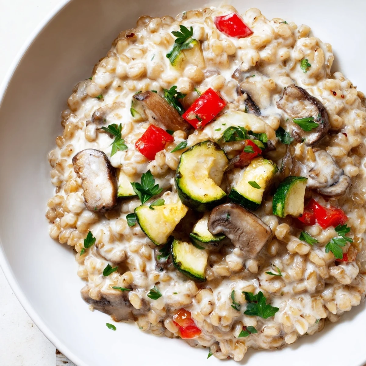 A creamy bowl of pearled barley topped with roasted zucchini, bell peppers, and cherry tomatoes for a cozy meal.