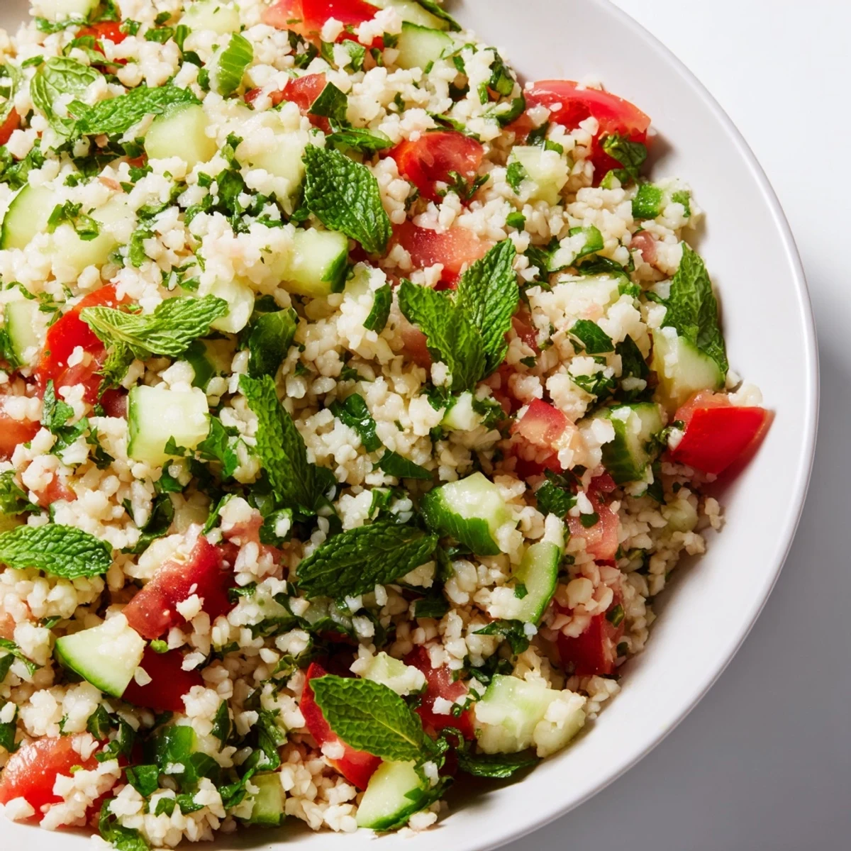 A refreshing bowl of Bulgur Wheat Salad Tabbouleh with fluffy grains, vibrant herbs, and olive oil drizzle, served as a side.