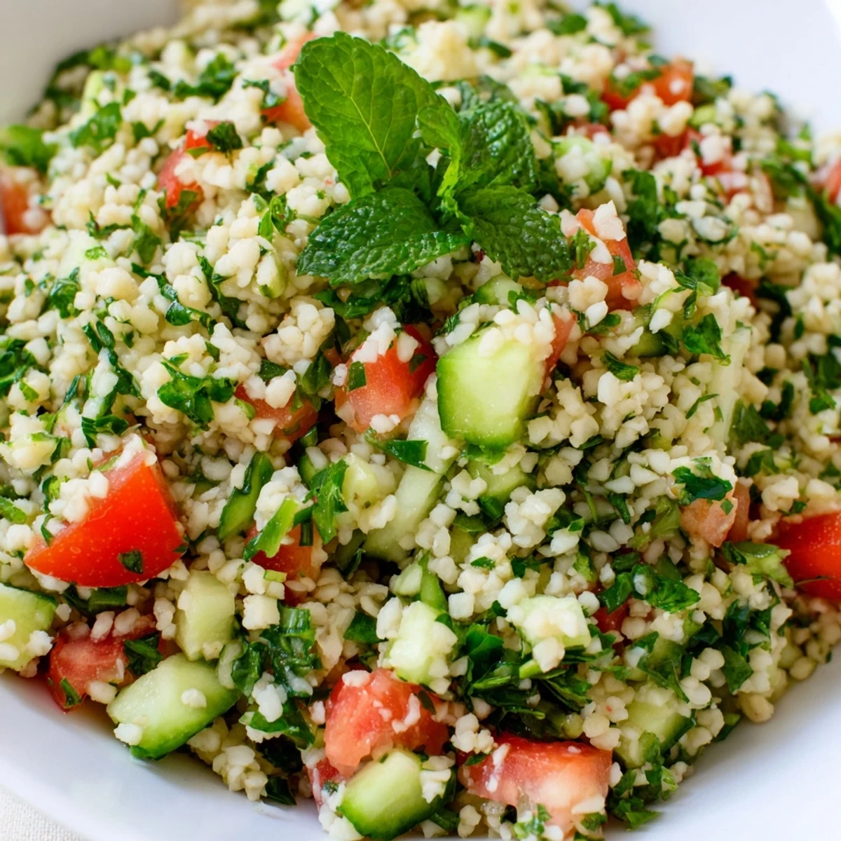 Overhead view of Bulgur Wheat Salad Tabbouleh in a white bowl, garnished with fresh mint and lemon wedges on a wooden table.