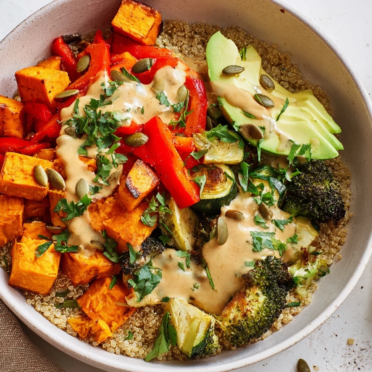 A close-up of a colorful Quinoa Buddha Bowl featuring roasted sweet potatoes, chickpeas, and fresh herbs on a rustic table.