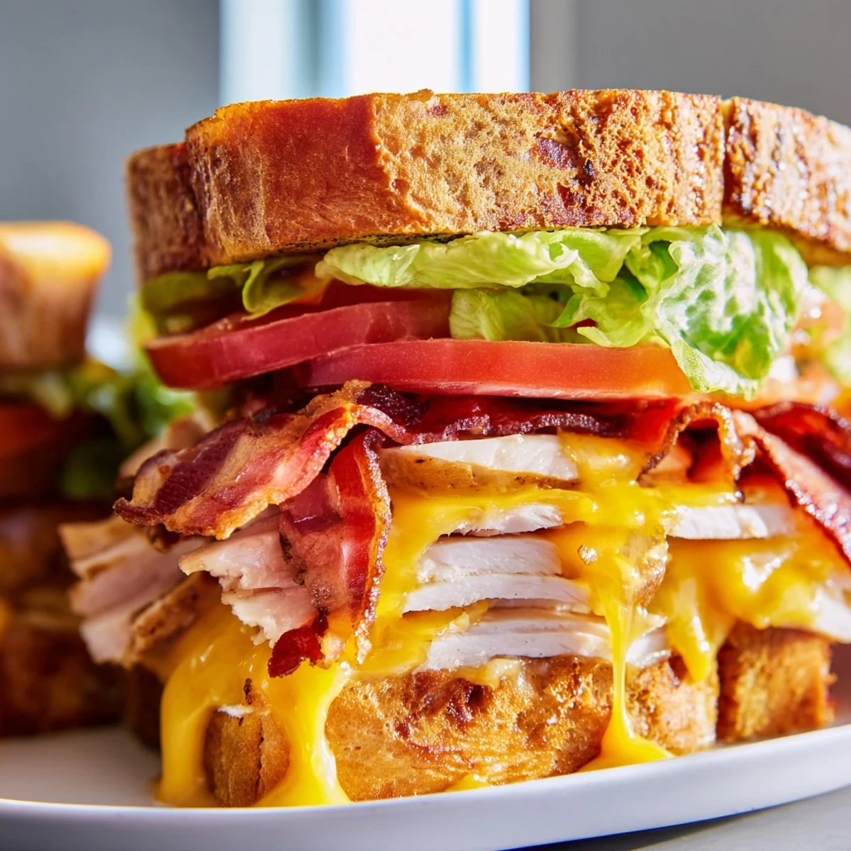 Golden, buttery sourdough bread is grilled to perfection, filled with melted cheddar, roasted turkey, crispy bacon, fresh romaine, and juicy tomato slices.
