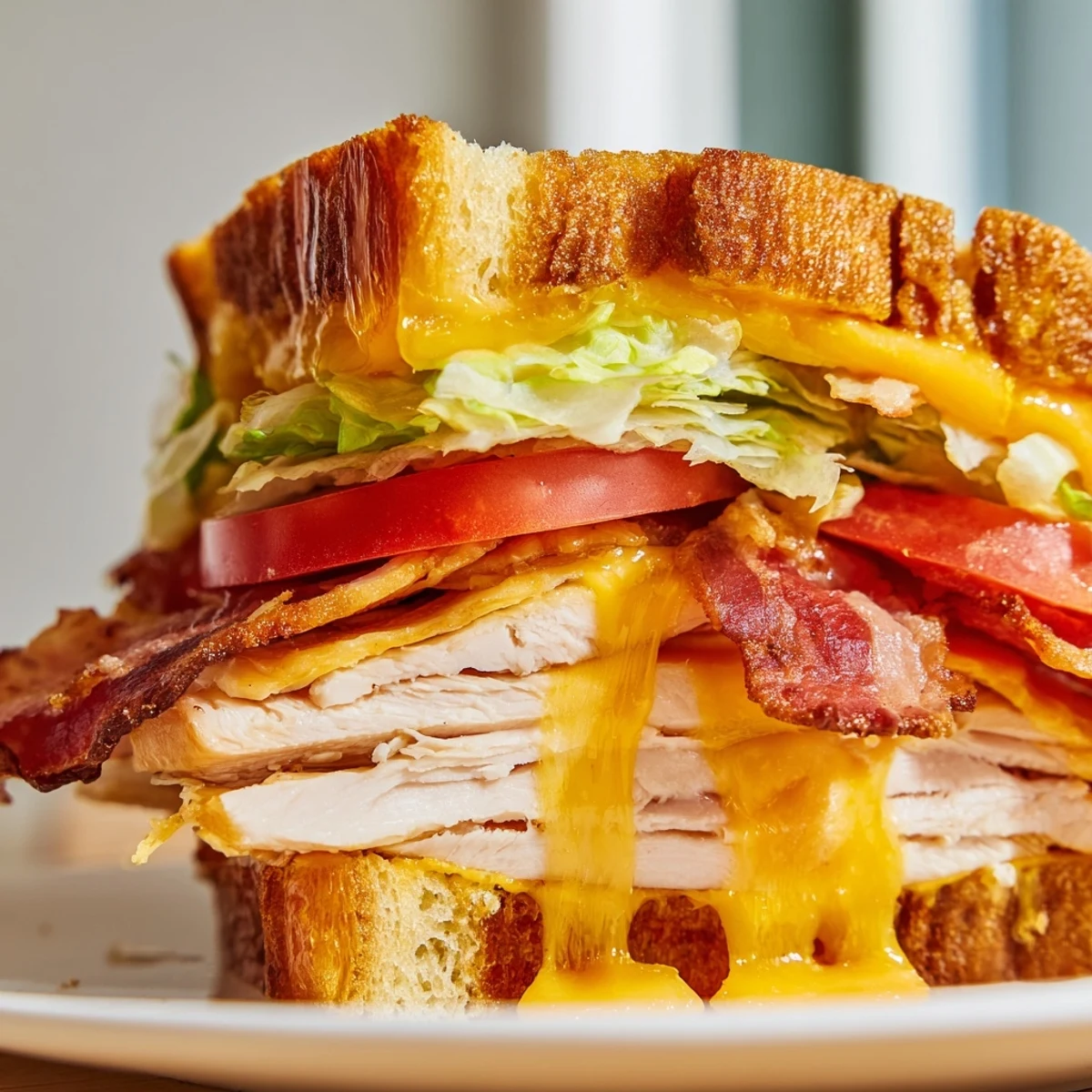 A hearty Turkey Club Grilled Cheese rests on a rustic wooden board, garnished with a side of pickles and fresh tomato for a delicious meal.