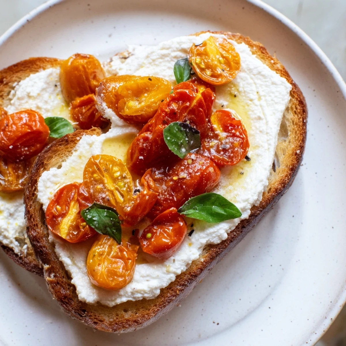 Golden-brown sourdough toast topped with creamy whipped ricotta and vibrant, caramelized roasted cherry tomatoes garnished with fresh basil.