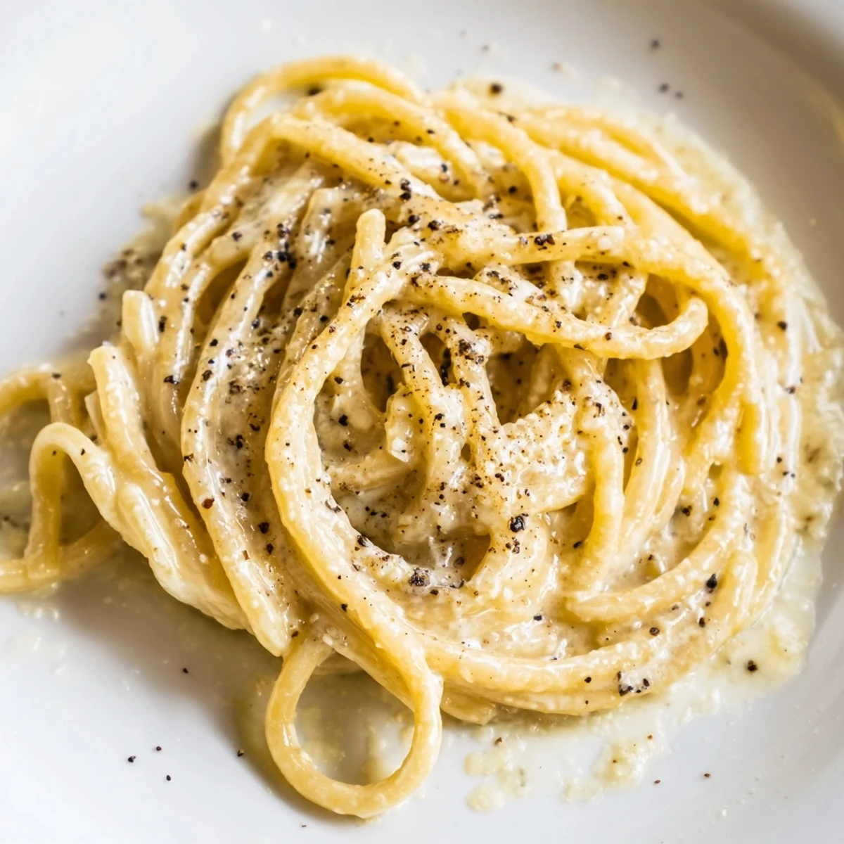 Spaghetti Cacio e Pepe glistens with grated Pecorino Romano and freshly cracked black pepper in a rustic ceramic bowl.