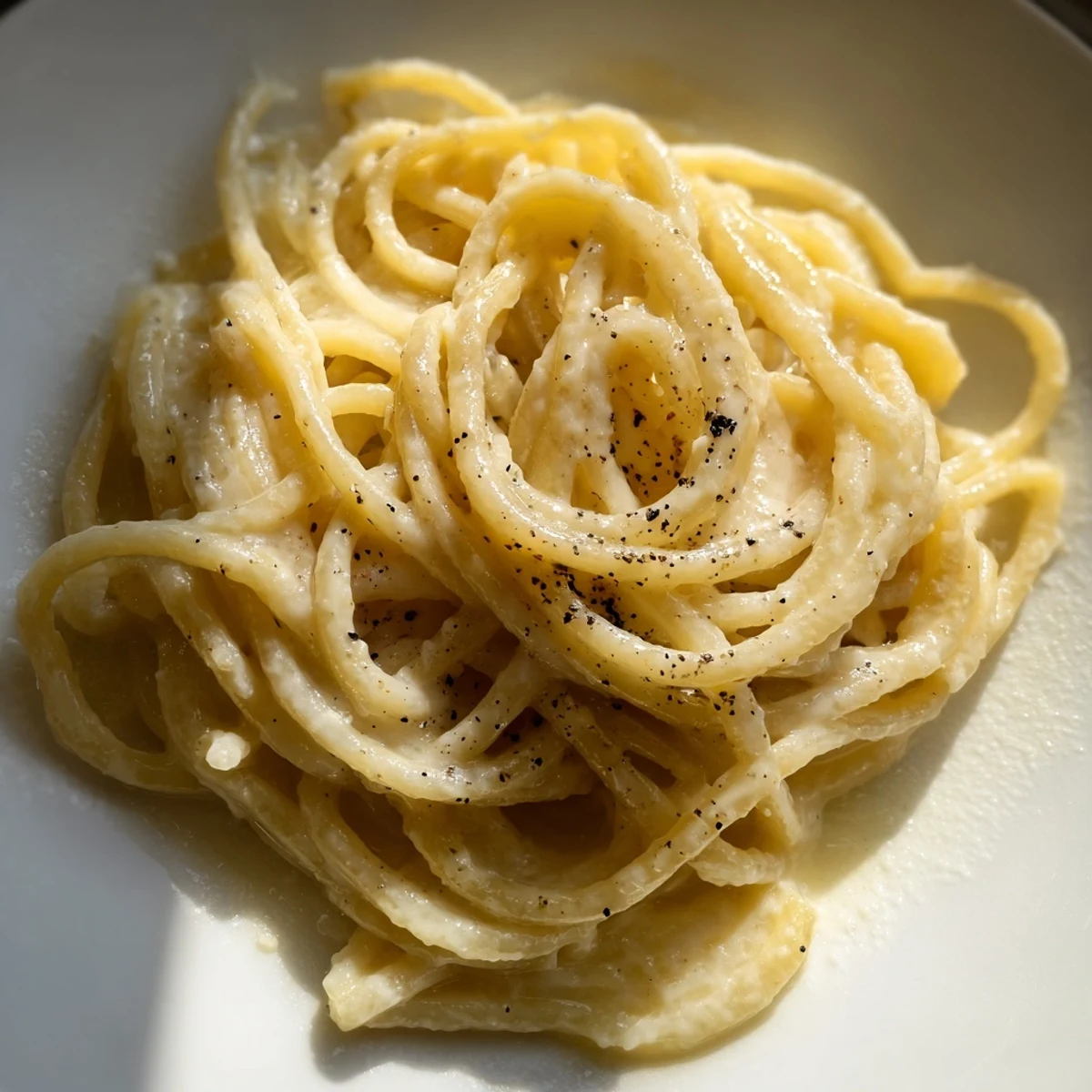 Served Spaghetti Cacio e Pepe twirled on a fork, topped with extra cheese and pepper against a sunlit kitchen backdrop.