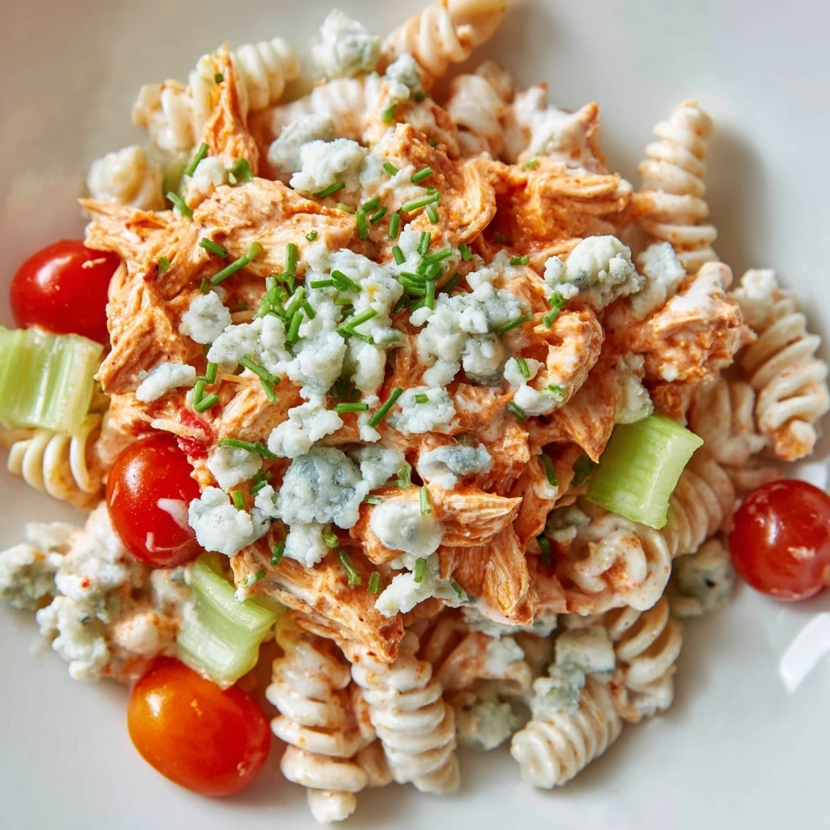 Cold Buffalo Chicken Pasta Salad with creamy ranch dressing, crunchy celery, and blue cheese crumbles, served chilled.