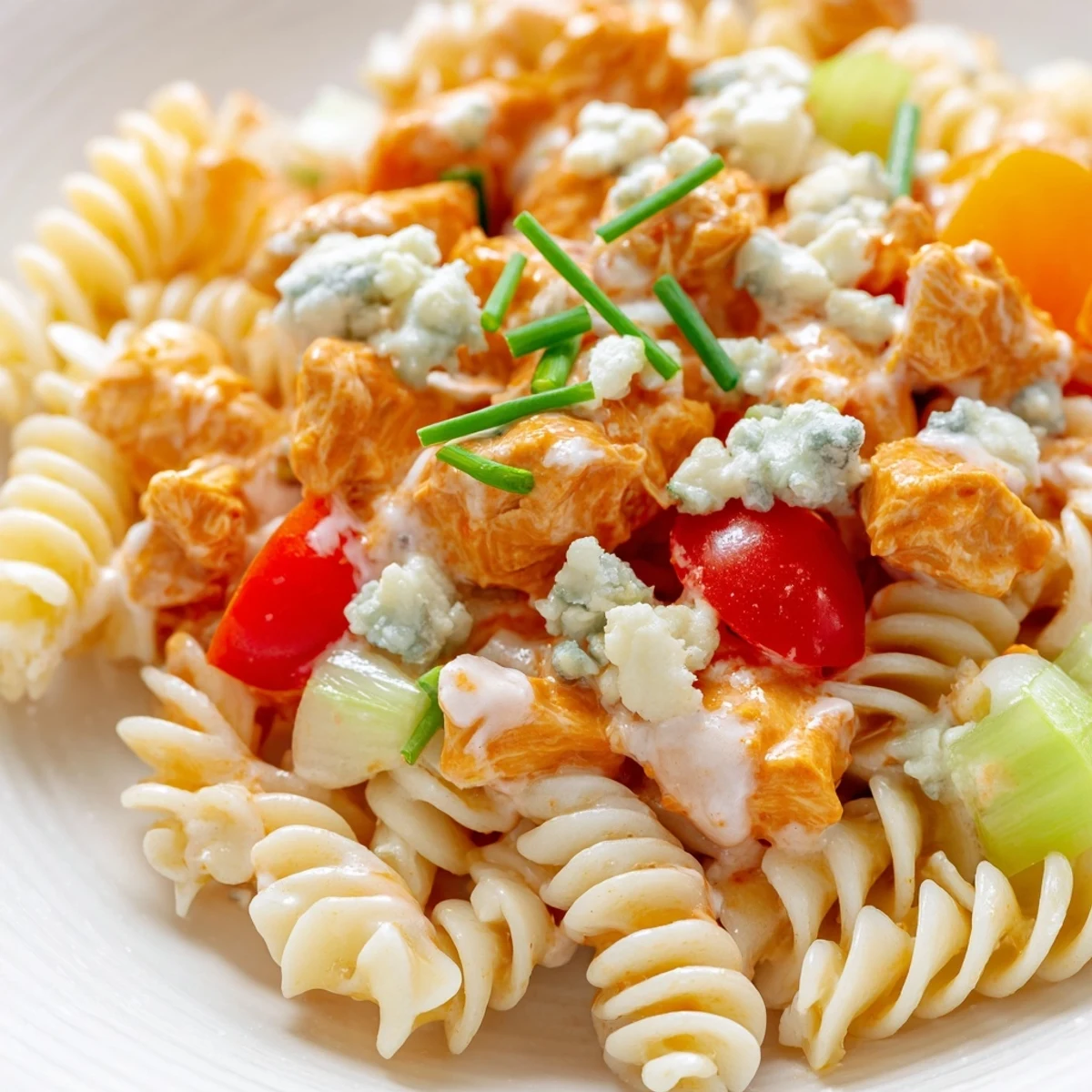 Rotini pasta tossed with spicy buffalo chicken, diced red bell pepper, and fresh chives for a potluck side.