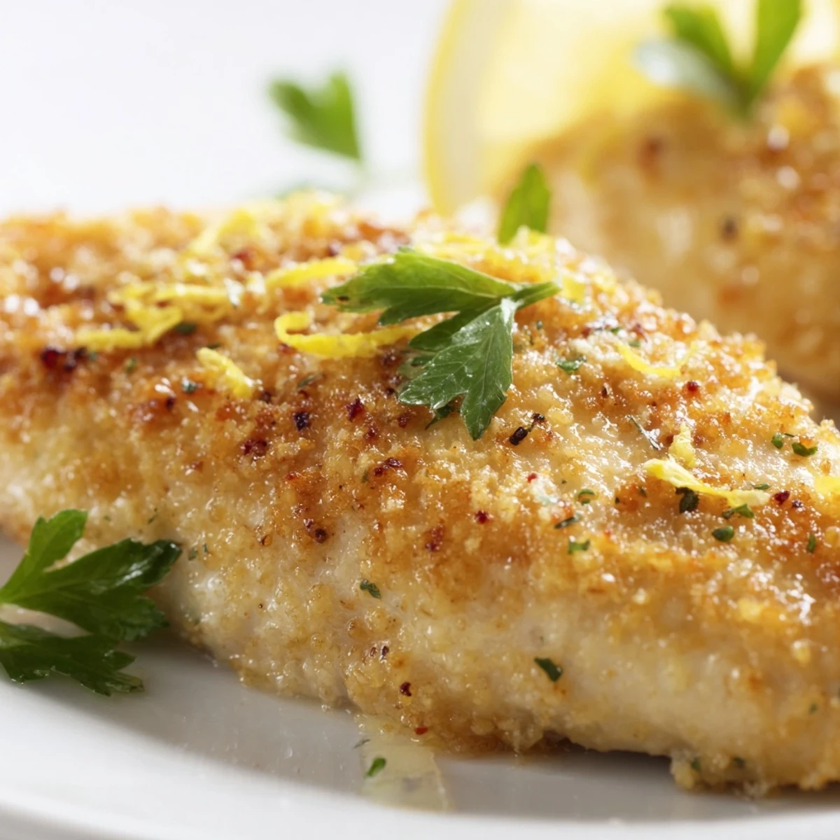 Golden-brown Lemon Pepper Chicken breasts rest in a skillet, glistening with a bright, buttery lemon sauce.