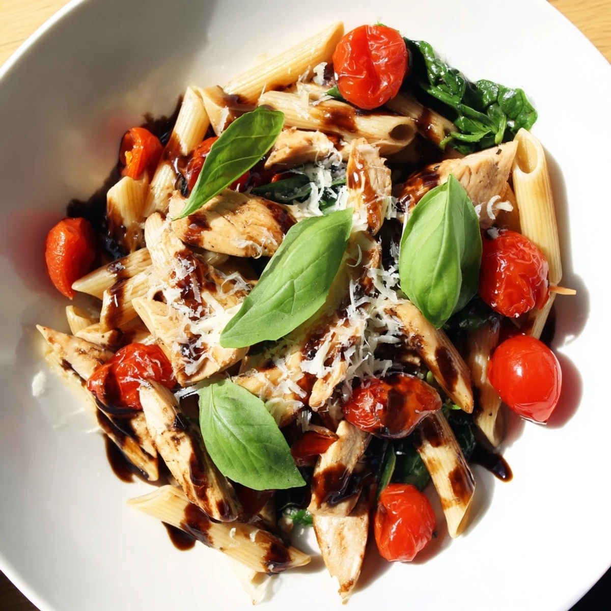 Golden penne pasta is tossed with tender chicken strips, glossy balsamic glaze, halved cherry tomatoes, and wilted spinach in a skillet.  