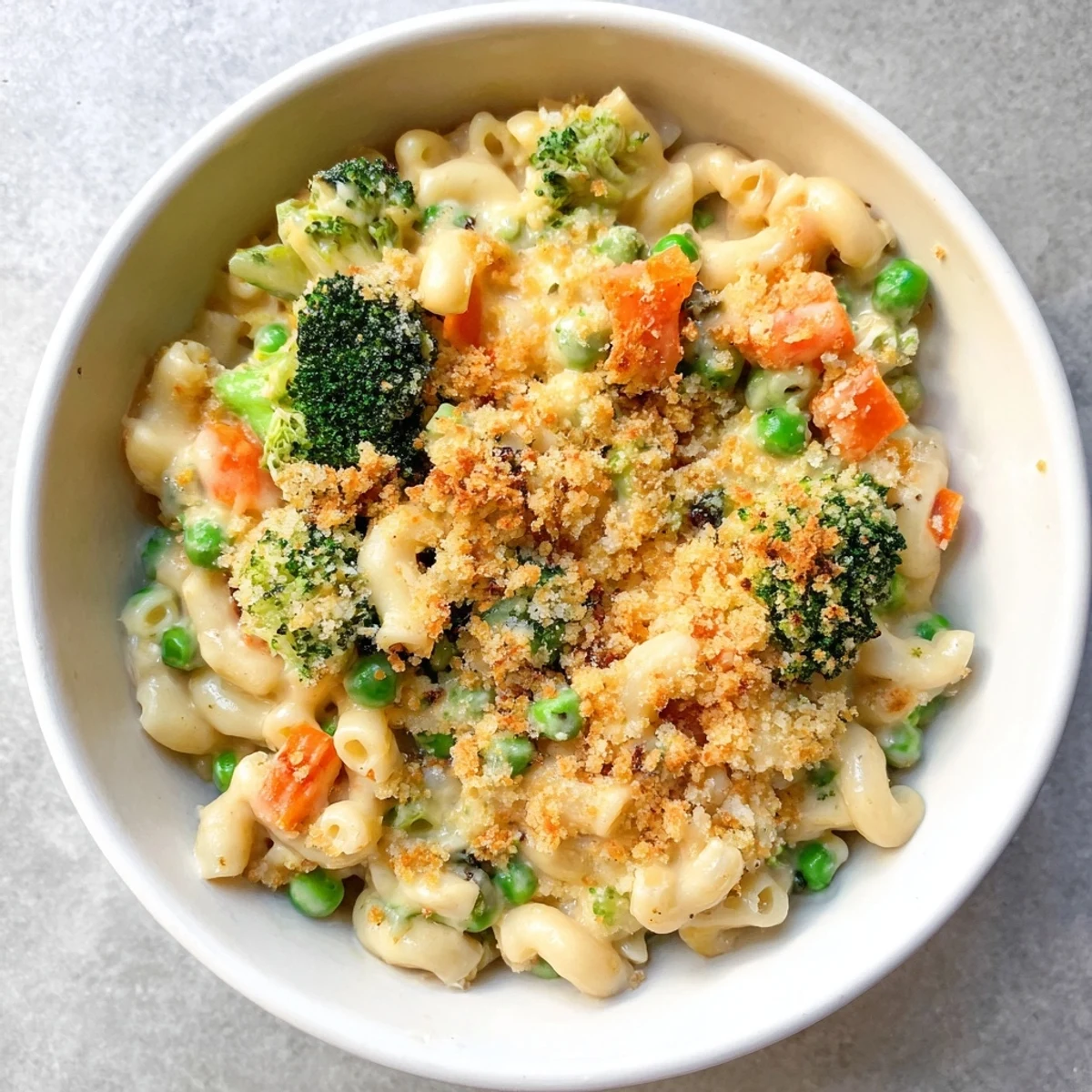 Golden-brown Garden Veg Mac and Cheese bubbling in a dish, topped with crunchy panko crumbs and filled with colorful peas, broccoli, and carrots.  