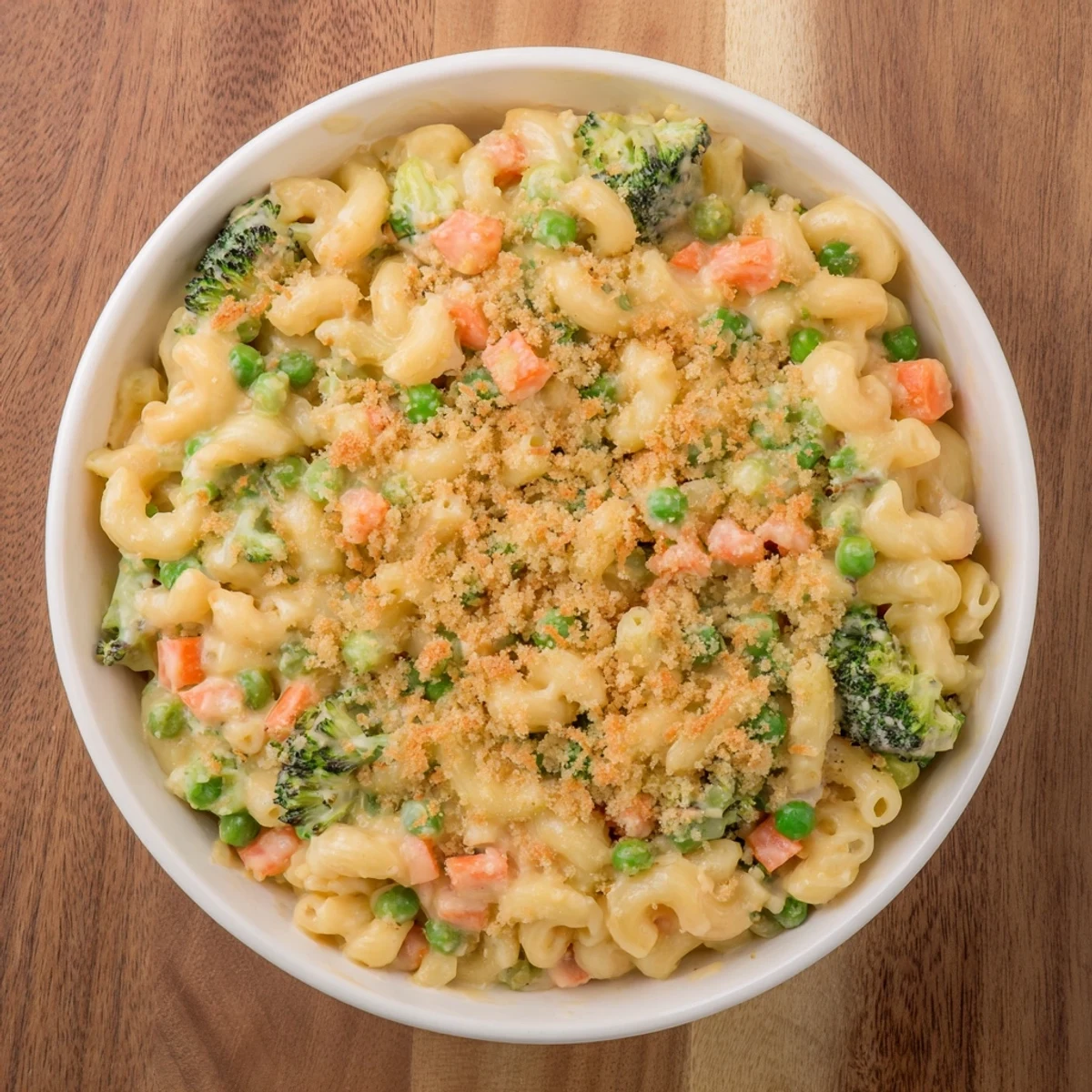 A close-up of creamy Garden Veg Mac and Cheese showing tender vegetable pieces in a rich cheese sauce, perfect for a comforting family dinner.  