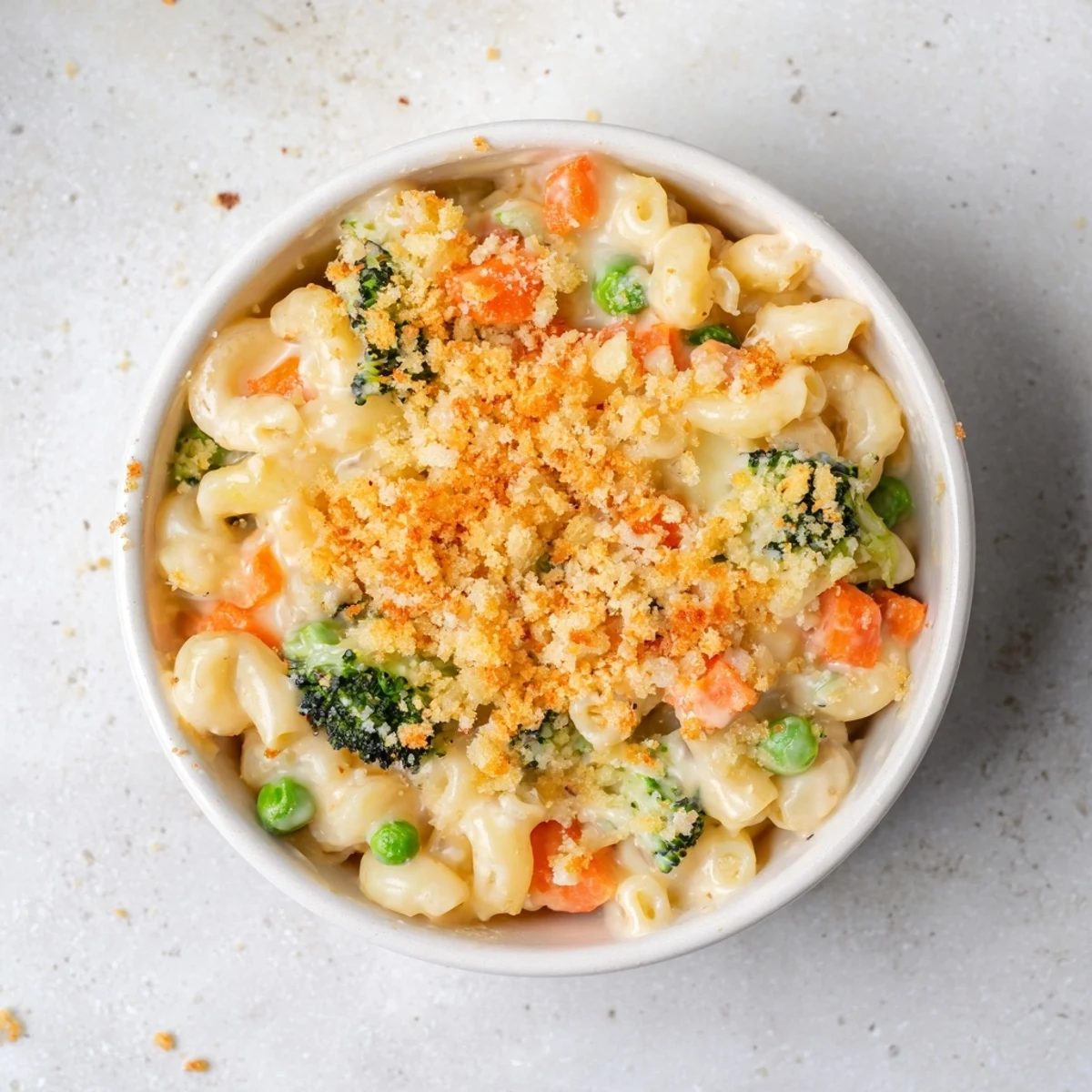 Garden Veg Mac and Cheese served hot from the oven in a white baking dish, garnished with fresh parsley for a bright, appetizing finish.