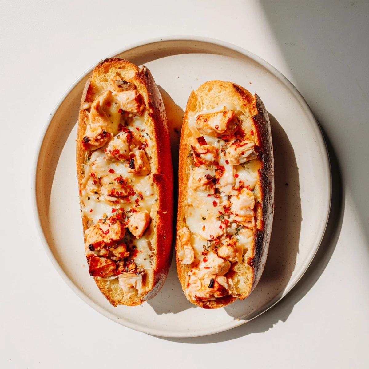 Golden garlic bread boats filled with tender chicken Parmesan in marinara sauce, topped with bubbly mozzarella and Parmesan cheese.