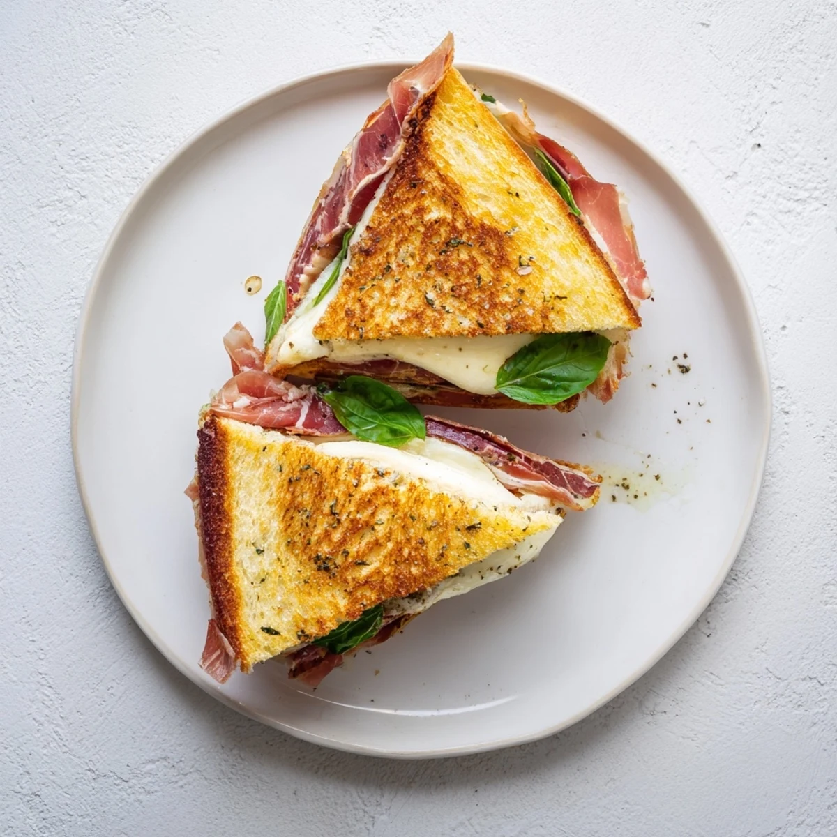 Golden sourdough slices stuffed with molten burrata and crispy prosciutto create a luxurious grilled cheese.