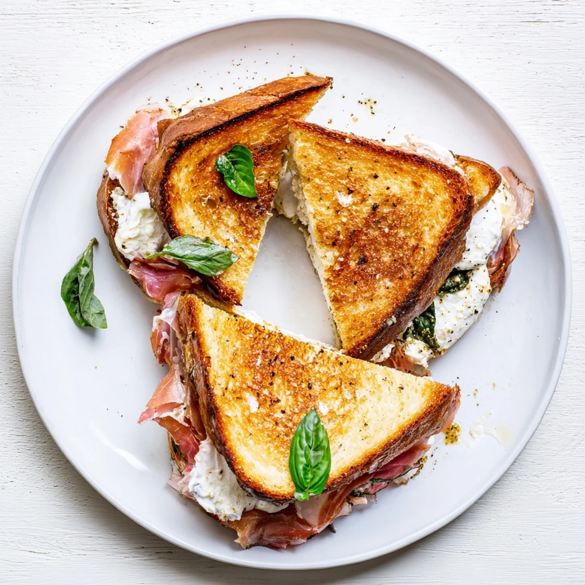 An artisanal sourdough grilled cheese sandwich featuring crispy prosciutto and creamy burrata, perfect for a gourmet lunch.