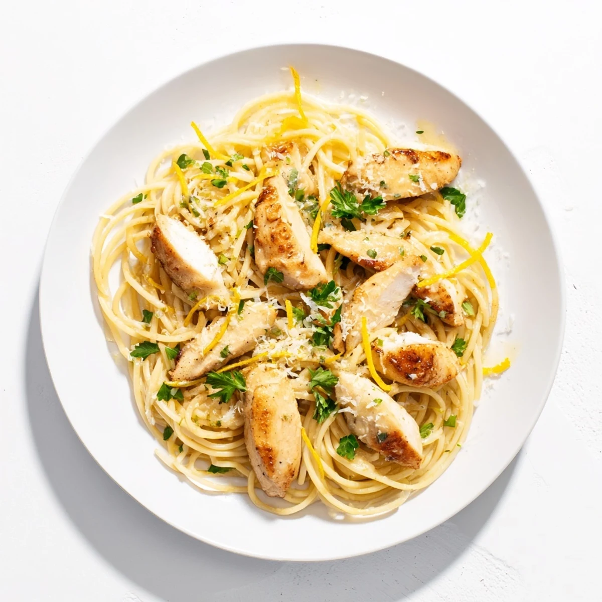 Serving suggestion for Brown Butter Lemon Chicken Pasta plated with lemon wedges, fresh parsley garnish, and a side of crisp green salad.