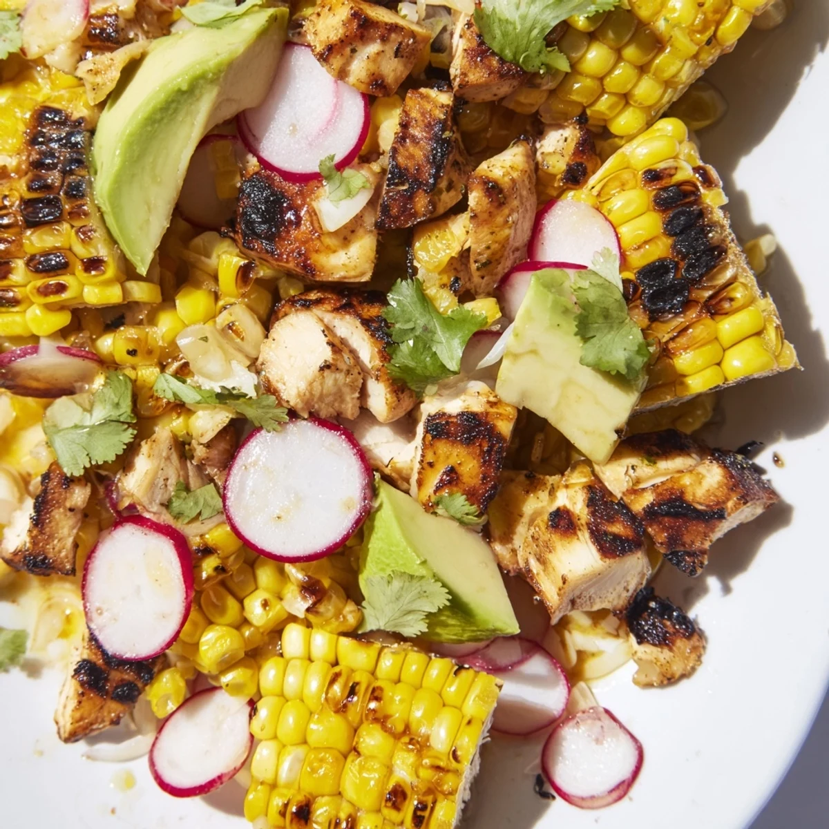 Freshly grilled chicken and smoky roasted corn are tossed with creamy avocado, crisp radishes, and zesty lime dressing in this vibrant chopped salad.  