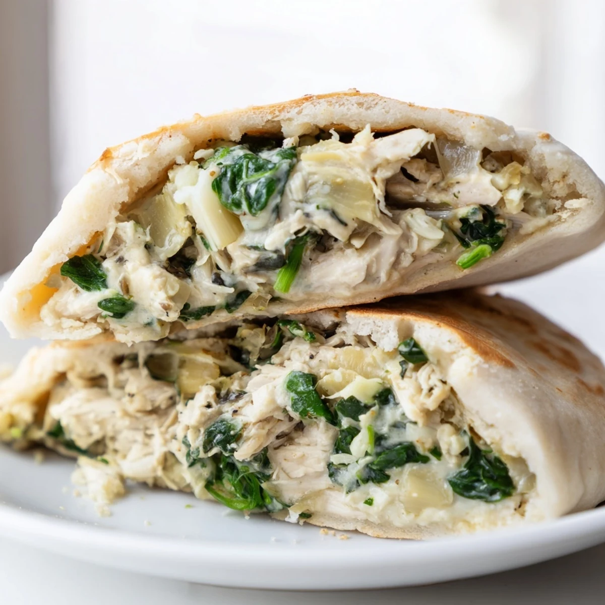 Warm, melted mozzarella and Parmesan cheese peek out from fluffy pita breads, filled with spinach artichoke chicken for a hearty dinner.  