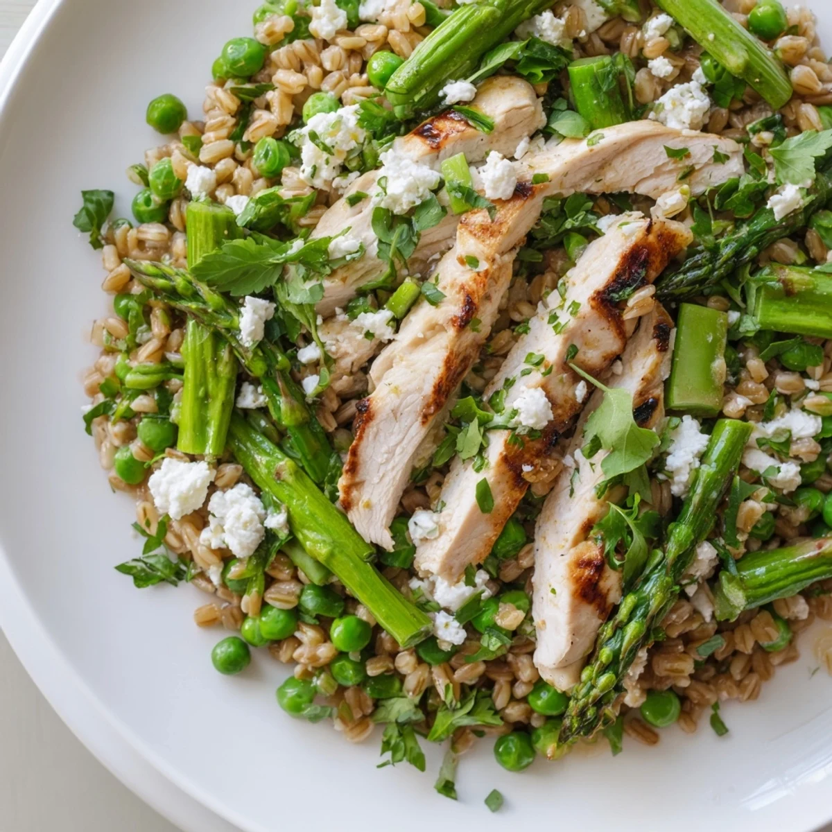 Fork-tender farro and juicy chicken tossed with crisp spring veggies, arugula, and a zesty lemon vinaigrette in this vibrant bowl.