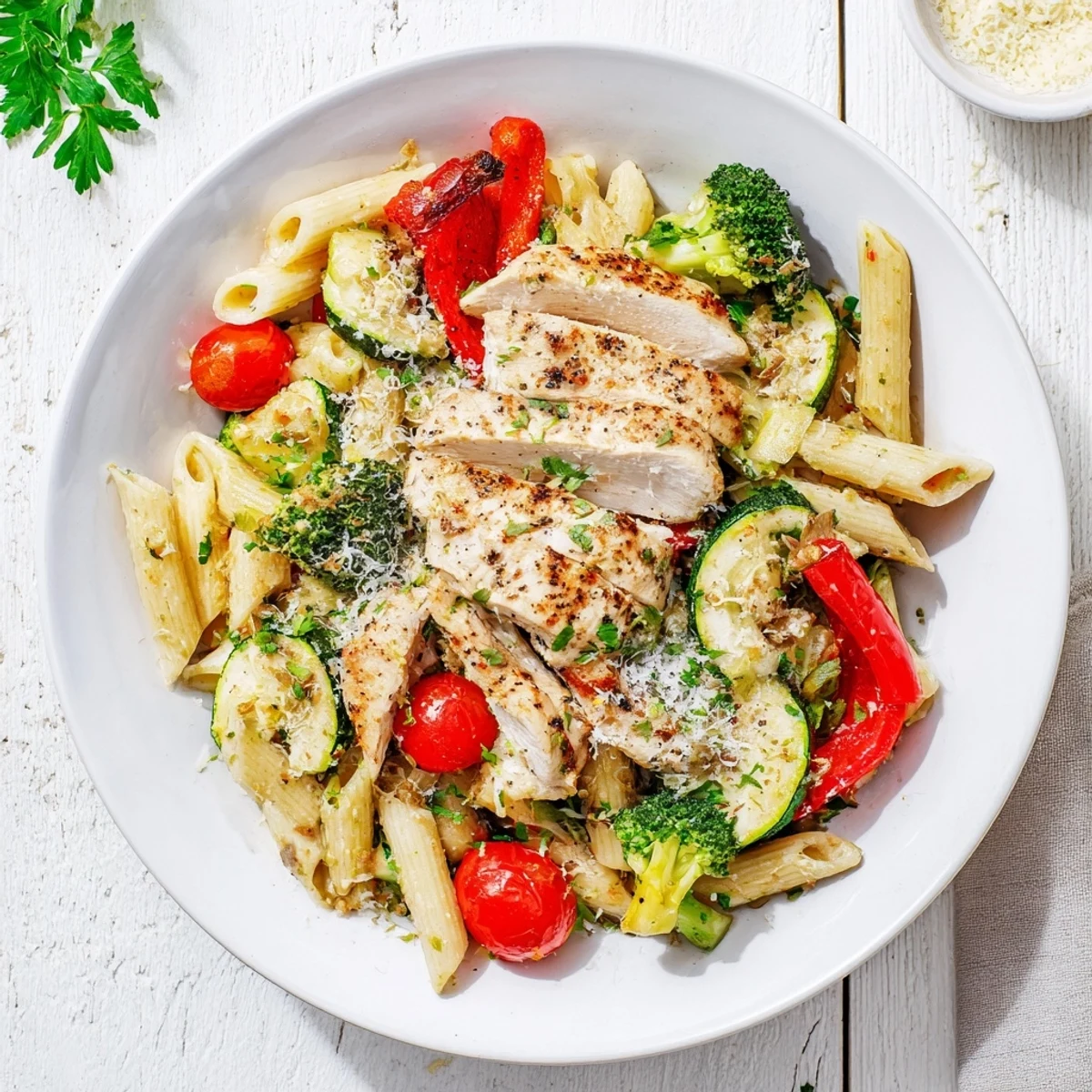 Tender penne pasta tossed with juicy garlic-herb roasted chicken, crisp broccoli, and red onion in a light sauce, topped with grated Parmesan and fresh parsley for an easy weeknight dinner.