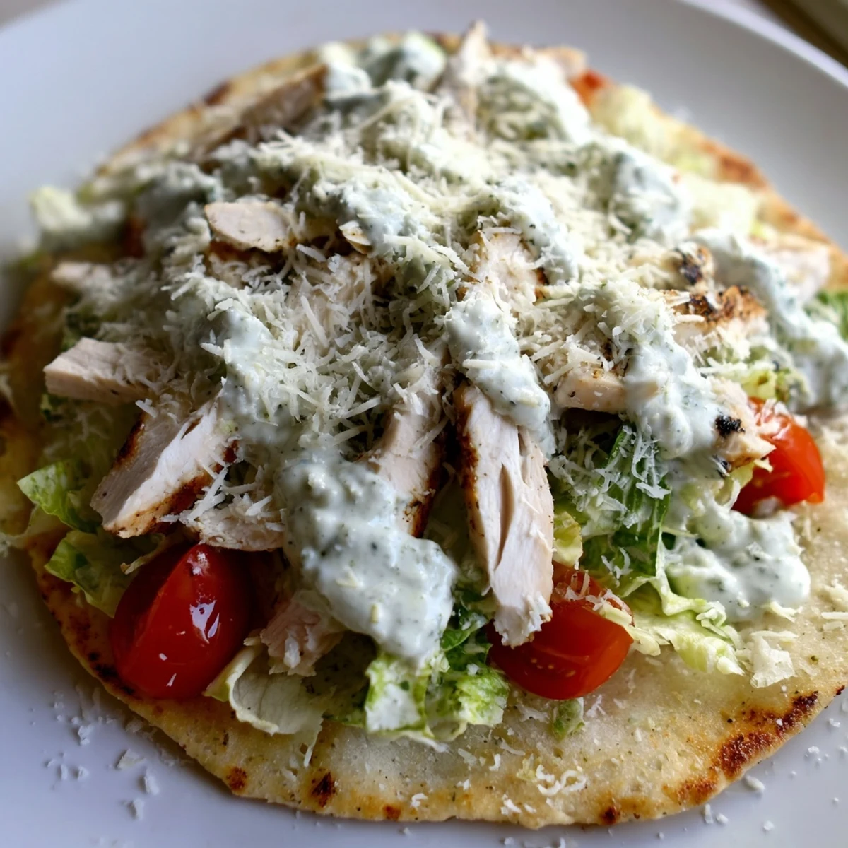 A close-up of Caesar Chicken Flatbread with grilled chicken, crisp romaine, and creamy dressing on golden crust.