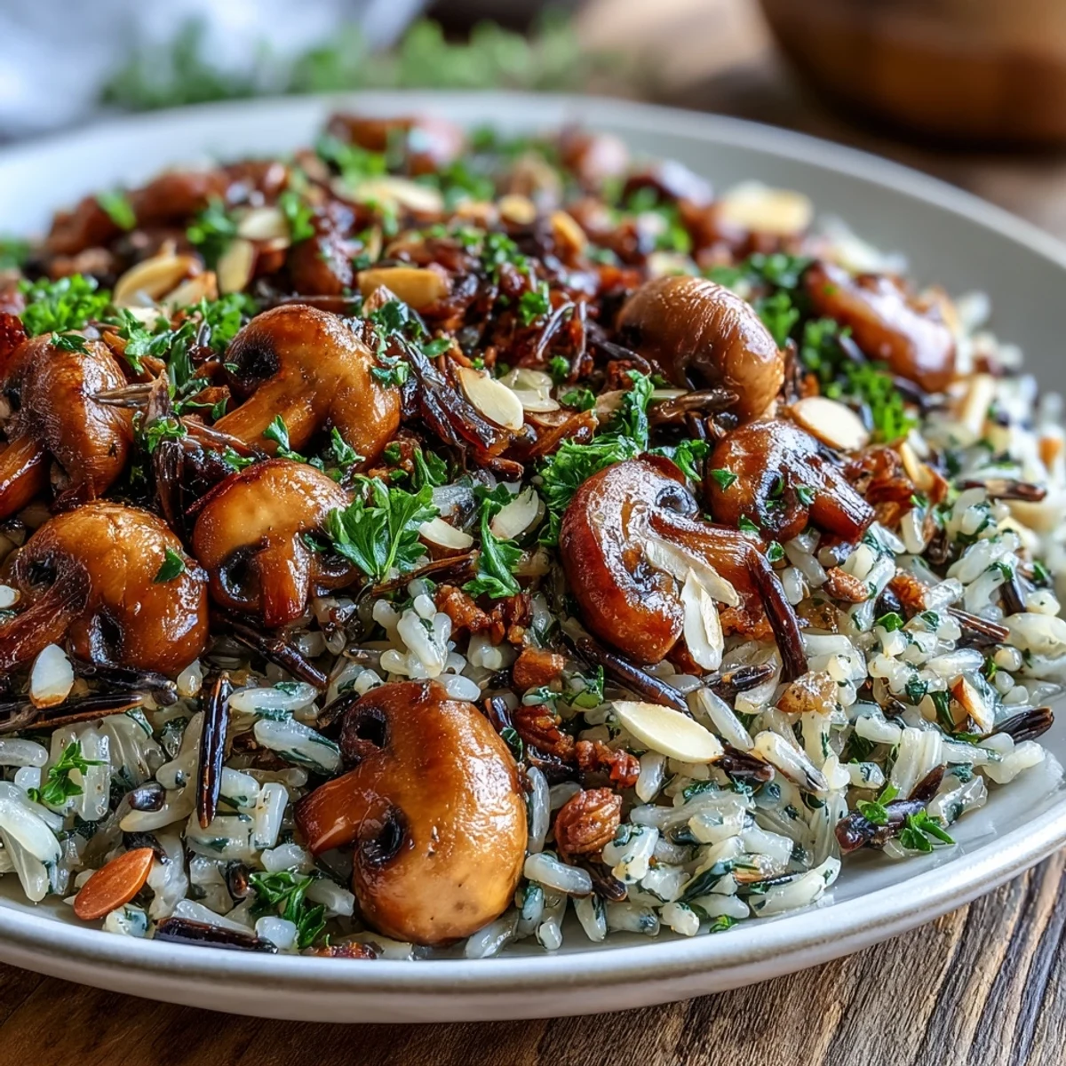 A bowl of Wild Rice and Mushroom Pilaf garnished with fresh parsley and slivered almonds, served warm as a hearty side dish.  