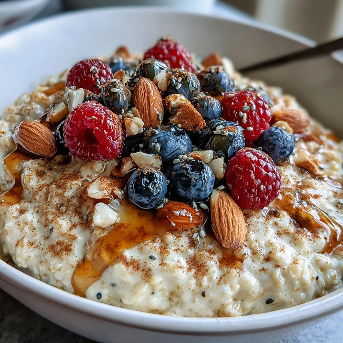 Creamy millet porridge with vibrant mixed berries and nuts, served warm in a rustic bowl for a nourishing breakfast.