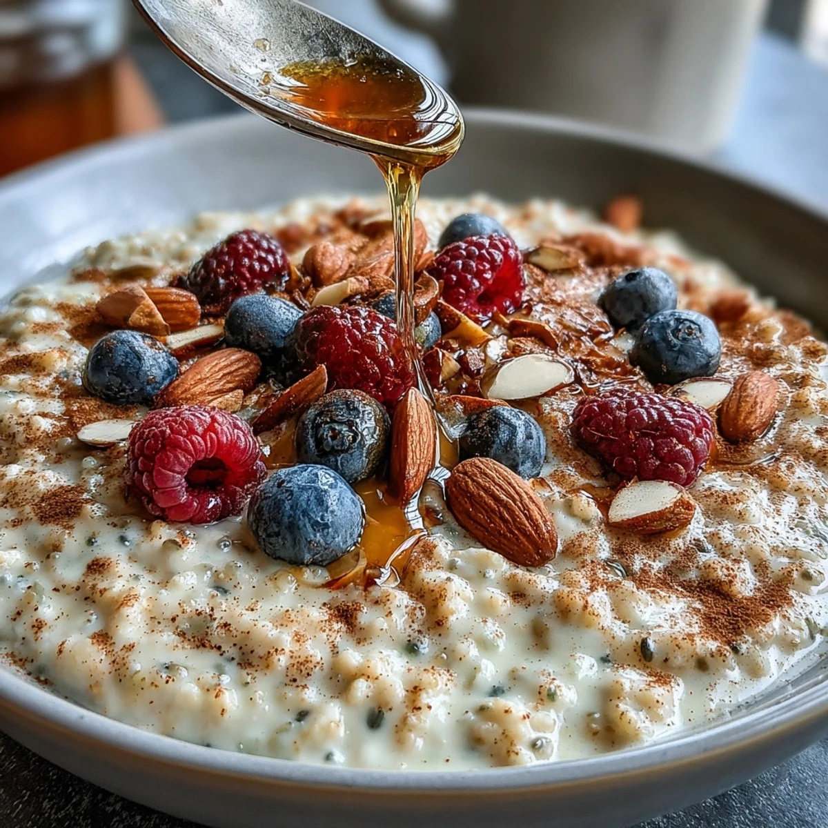 Comforting millet porridge with berries, garnished with almonds and a drizzle of maple syrup, ready to enjoy warm.