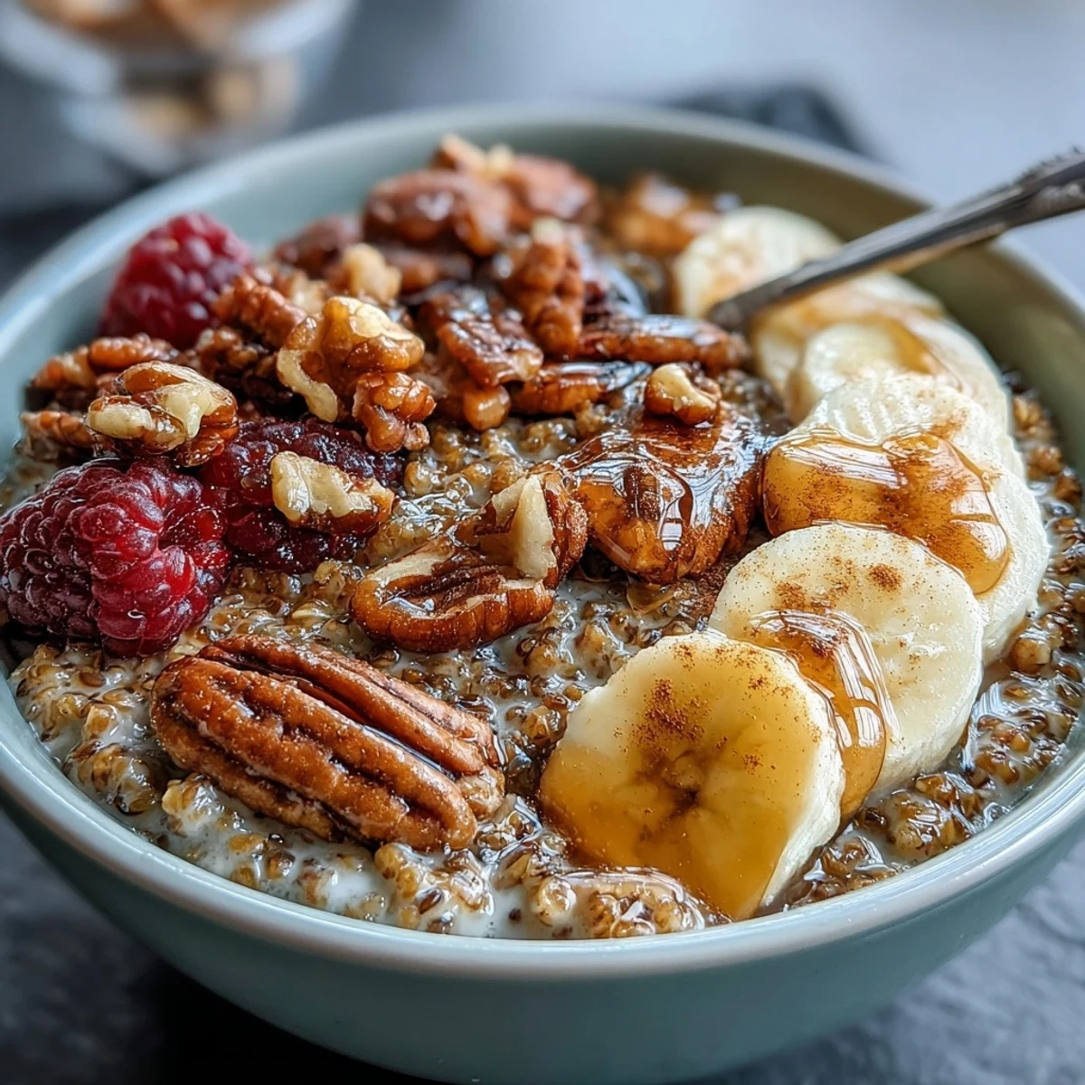 A warm bowl of tender buckwheat groats topped with sliced bananas, fresh berries, and crunchy walnuts, drizzled with honey for a cozy gluten-free breakfast.  