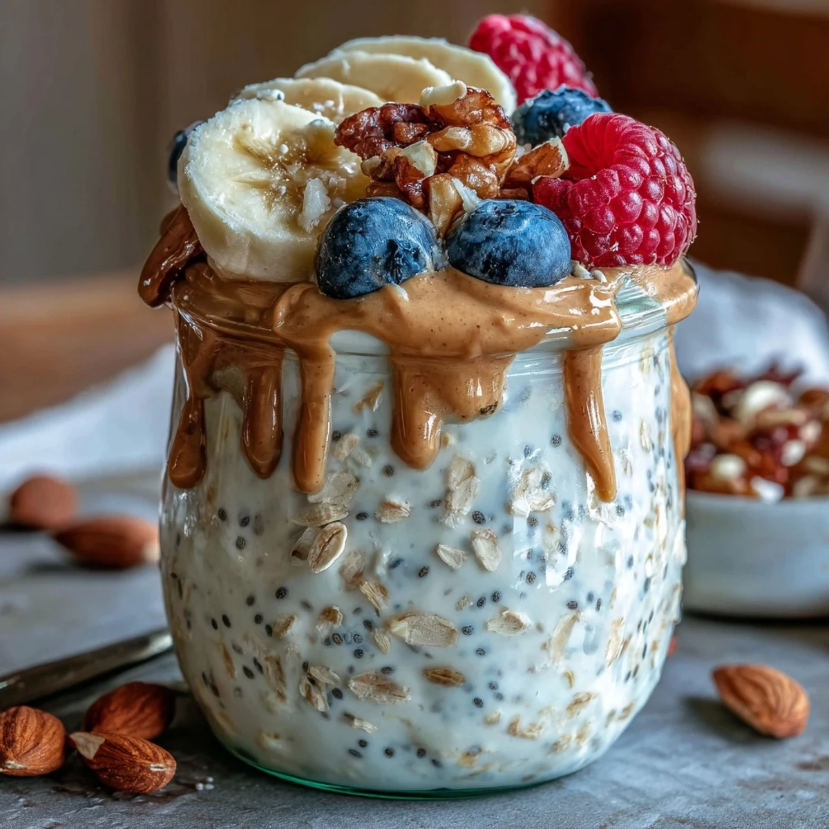 A jar of overnight oats with chia seeds, topped with fresh berries and sliced bananas for a creamy, chilled breakfast.