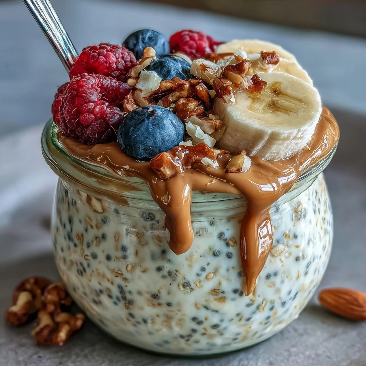 A nutritious breakfast bowl of overnight oats with chia seeds, drizzled with honey and almond butter for extra flavor.