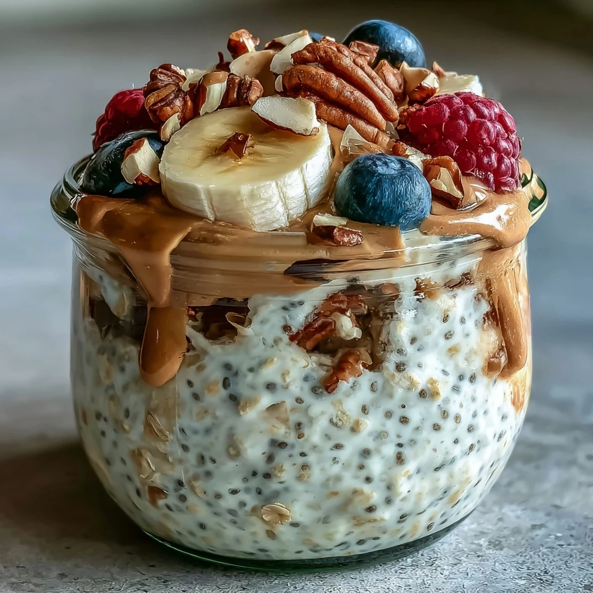 Overnight oats with chia seeds layered with Greek yogurt and nuts, ready to be enjoyed straight from the jar.